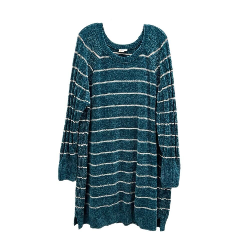 Lularoe Lauren Chenille Sweater Dress Teal Blue & White Stripe Size 3XL